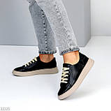 Чорні шкіряні прошиті кеди натуральна шкіра на бежевій підошві, фото 8