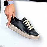 Чорні шкіряні прошиті кеди натуральна шкіра на бежевій підошві, фото 9