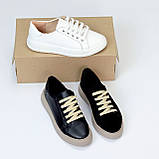 Чорні шкіряні прошиті кеди натуральна шкіра на бежевій підошві, фото 10