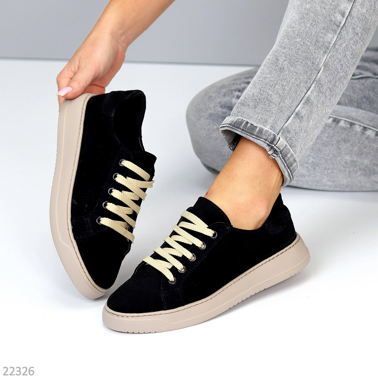 Чорні замшеві прошиті кеди натуральна замша на бежевій підошві, фото 1