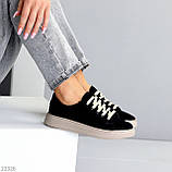 Чорні замшеві прошиті кеди натуральна замша на бежевій підошві, фото 7