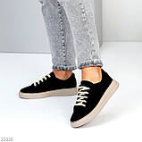 Чорні замшеві прошиті кеди натуральна замша на бежевій підошві, фото 8