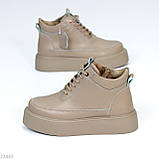Бежеві шкіряні кеди хайтопи блискавка+шнурівка натуральна шкіра на платформі, фото 2
