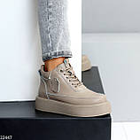 Бежеві шкіряні кеди хайтопи блискавка+шнурівка натуральна шкіра на платформі, фото 6