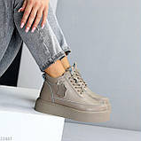 Бежеві шкіряні кеди хайтопи блискавка+шнурівка натуральна шкіра на платформі, фото 8