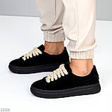 Крутезні чорні кеди натуральна замша на бежевій плюшевій шнурівці, фото 5