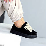 Крутезні чорні кеди натуральна замша на бежевій плюшевій шнурівці, фото 9