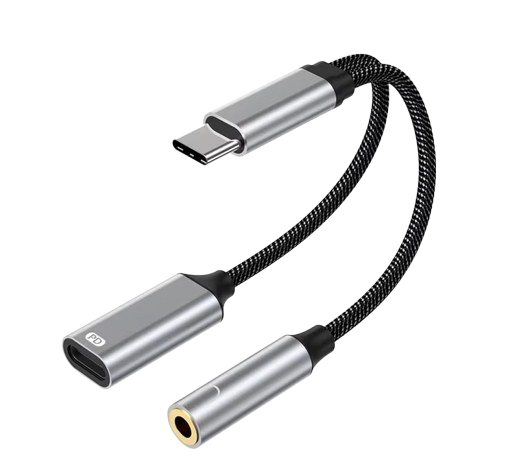 Перехідник аудіоадаптер Nierbo 2 в 1 кабель USB Type-C — 3.5 mm PD 3.0 для навушників Grey (TC235TC), фото 1