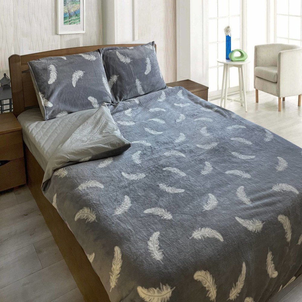 Утеплена постільна білизна Зима-Літо двоспальна Пір'я на сірому Мікрофібра + Бязь, фото 1