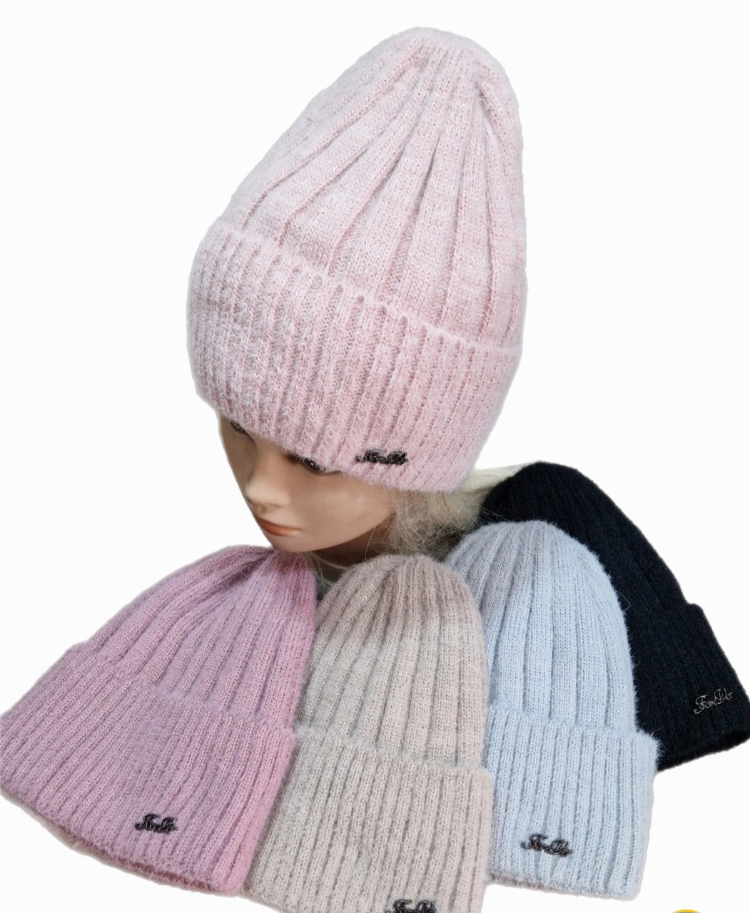 Шапка в'язана на повному флісі, Нитка АЛЬПАКА зимова з закотом  різні кольори