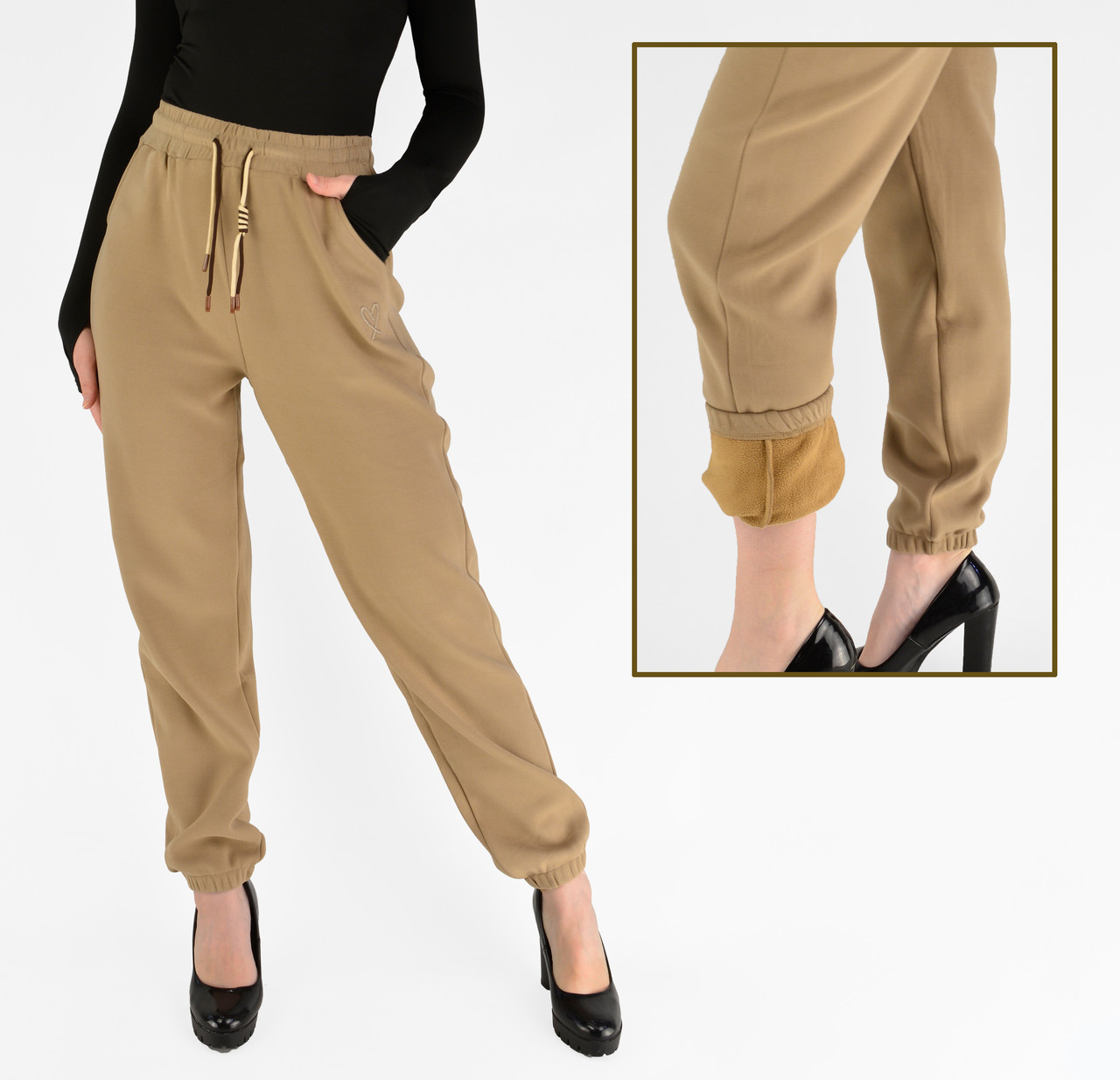 Жіночі зимові штани з полірованого велюру Штани на хутрі під манжет M-2XL Бежевий колір