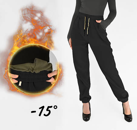 Жіночі зимові штани з полірованого велюру Штани на хутрі під манжет M-2XL Чорний колір, фото 1