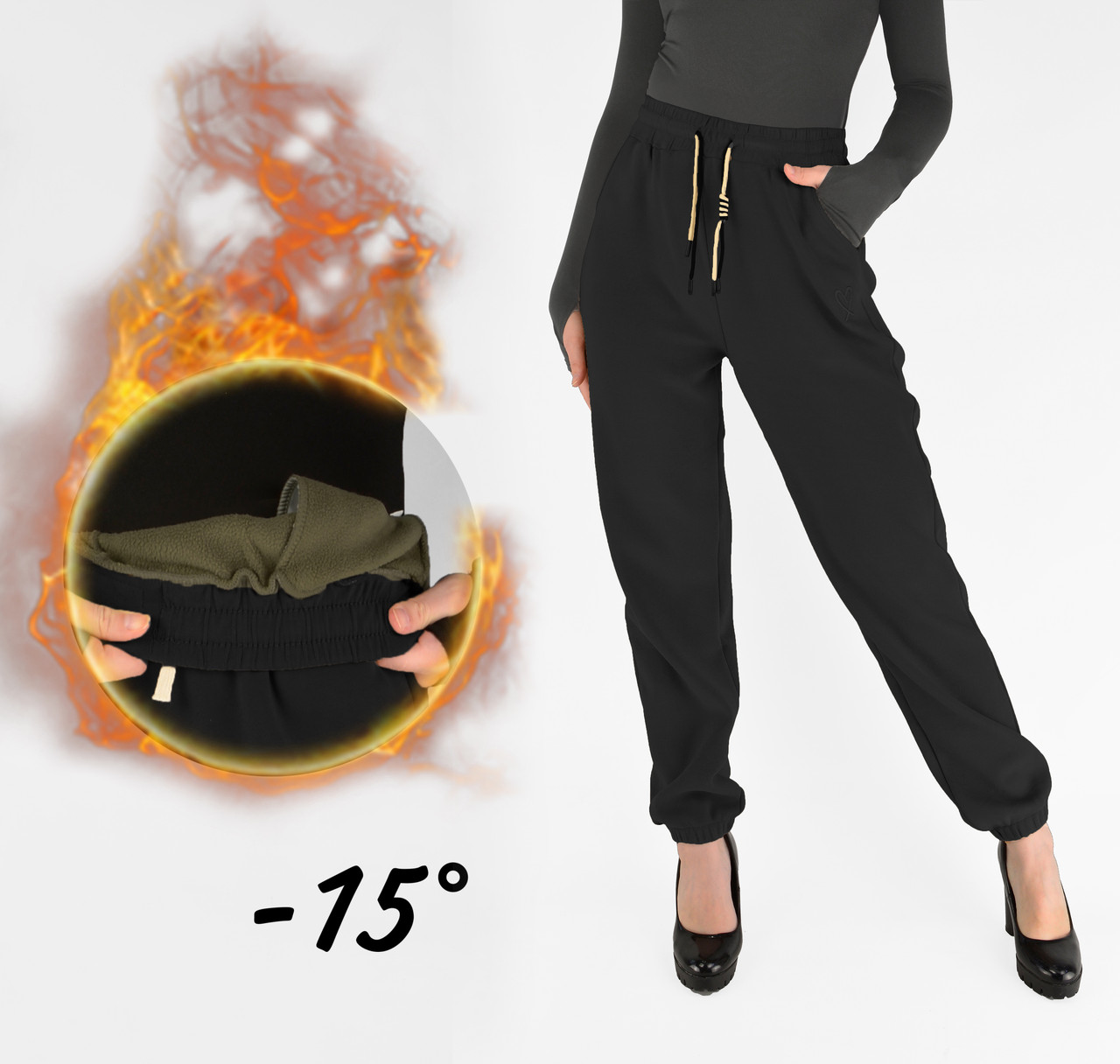 Жіночі зимові штани з полірованого велюру Штани на хутрі під манжет M-2XL Чорний колір