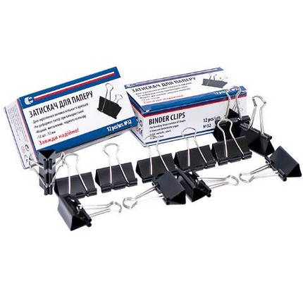 Біндер затискач для паперу 32мм 12шт чорний металевий офісний канцелярський "С" KNZ, фото 1