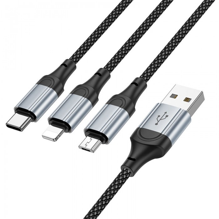 Кабель HOCO X102 Fresh 3-in-1 charging data cable(iP+Micro+Type-C) 1m. Black