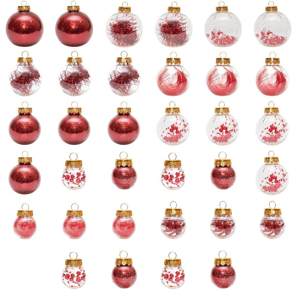 Набір ялинкових іграшок - кулі, 34 шт, D4-8 см, прозорі з червоним декором, глянець, пластик (892807), фото 1