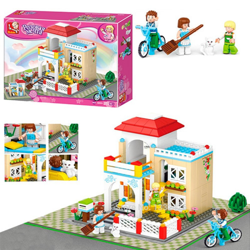 Конструктор SLUBAN M38-B0533 «Рожева мрія»: заміський будинок, фігурки, кіт, велосипед, 380 деталей, фото 1