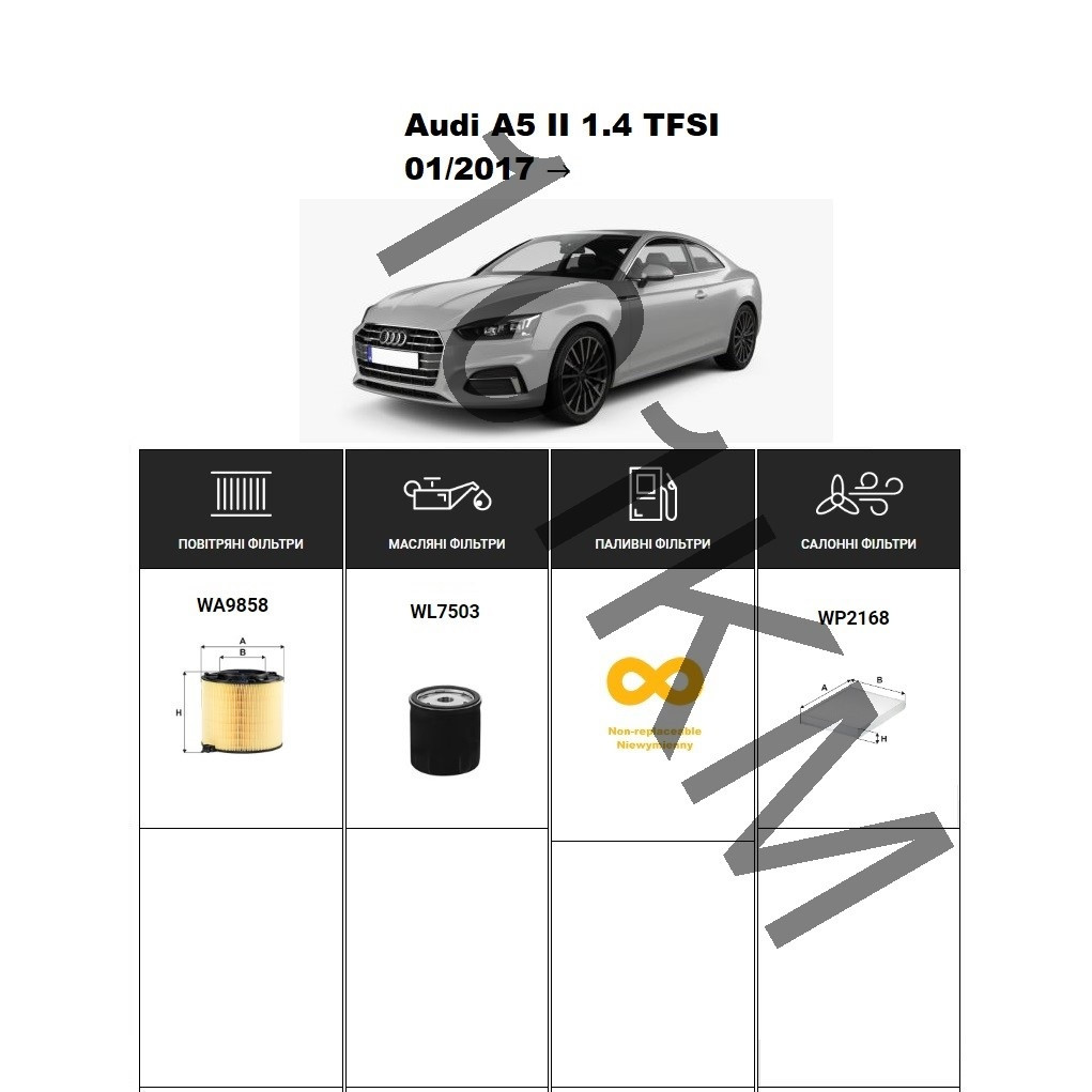 Комплект фільтрів Audi A5 II 1.4 TFSI (2017-) WIX