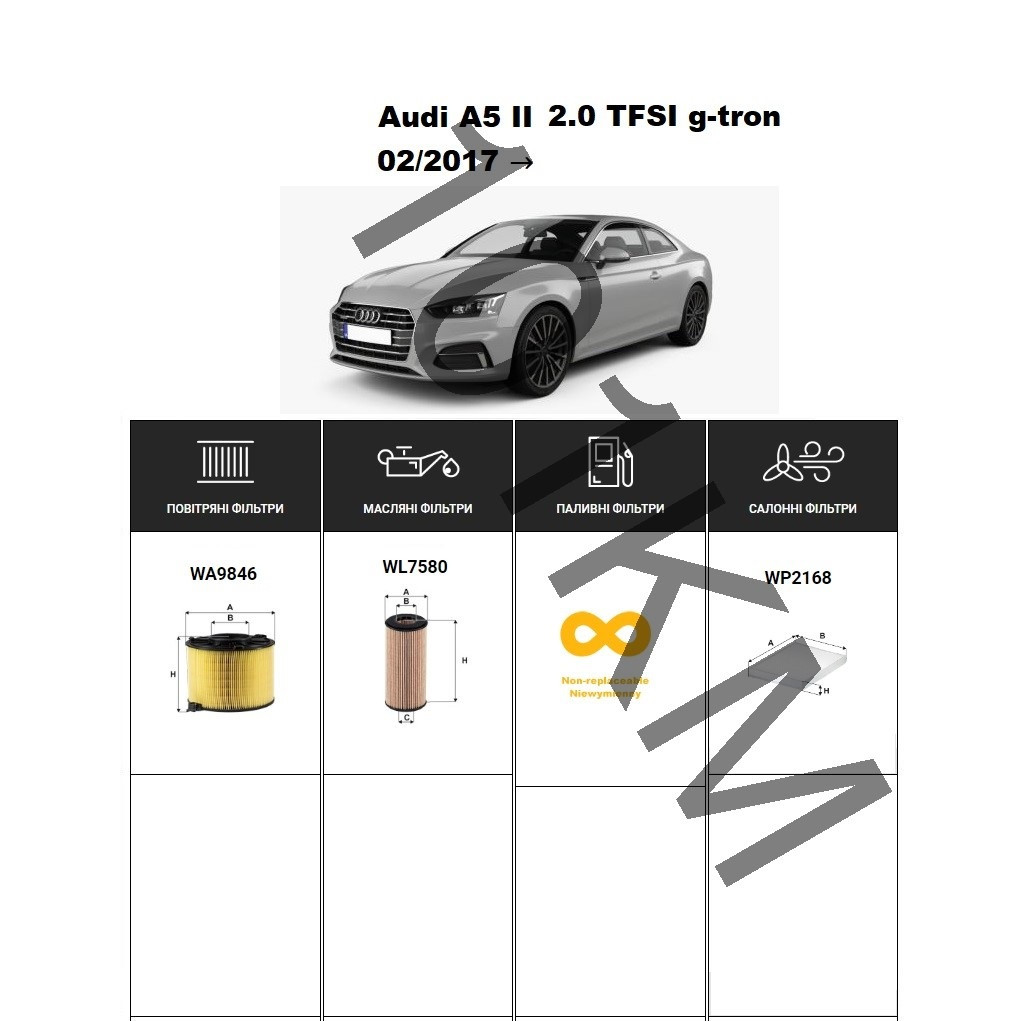 Комплект фільтрів Audi A5 II 2.0 TFSI g-tron (2017-) WIX, фото 1