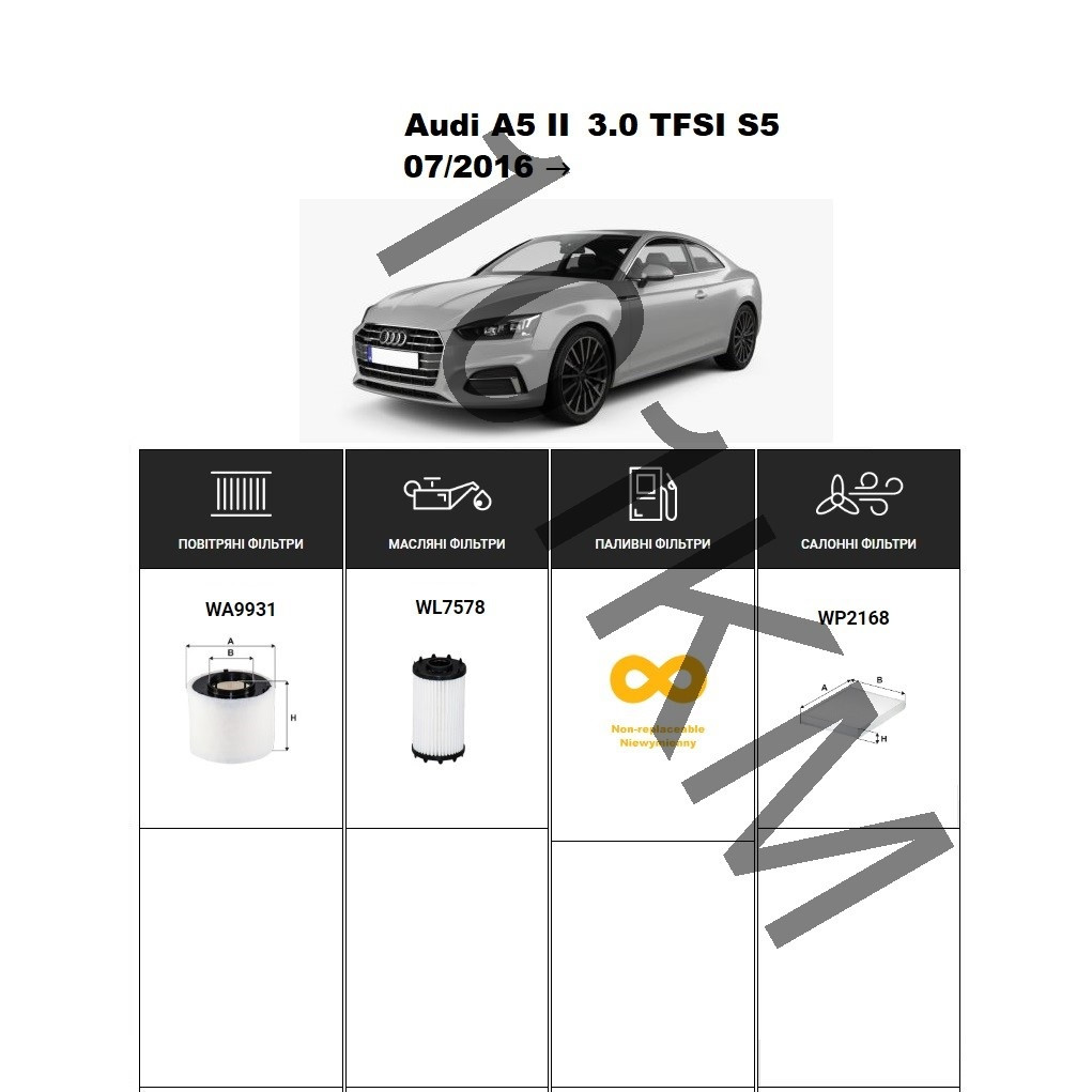 Комплект фільтрів Audi A5 II 3.0 TFSI S5 (2016-) WIX