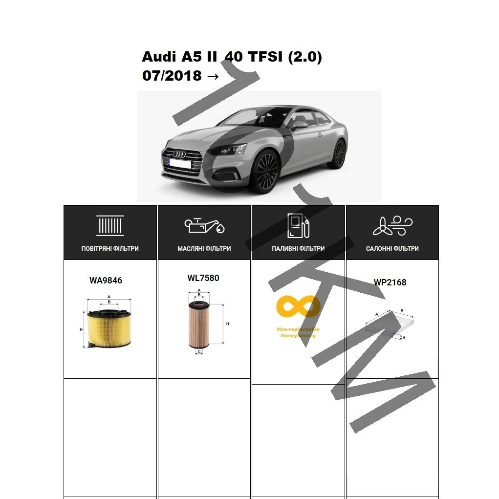 Комплект фільтрів Audi A5 II 40 TFSI (2.0) (2018-) WIX