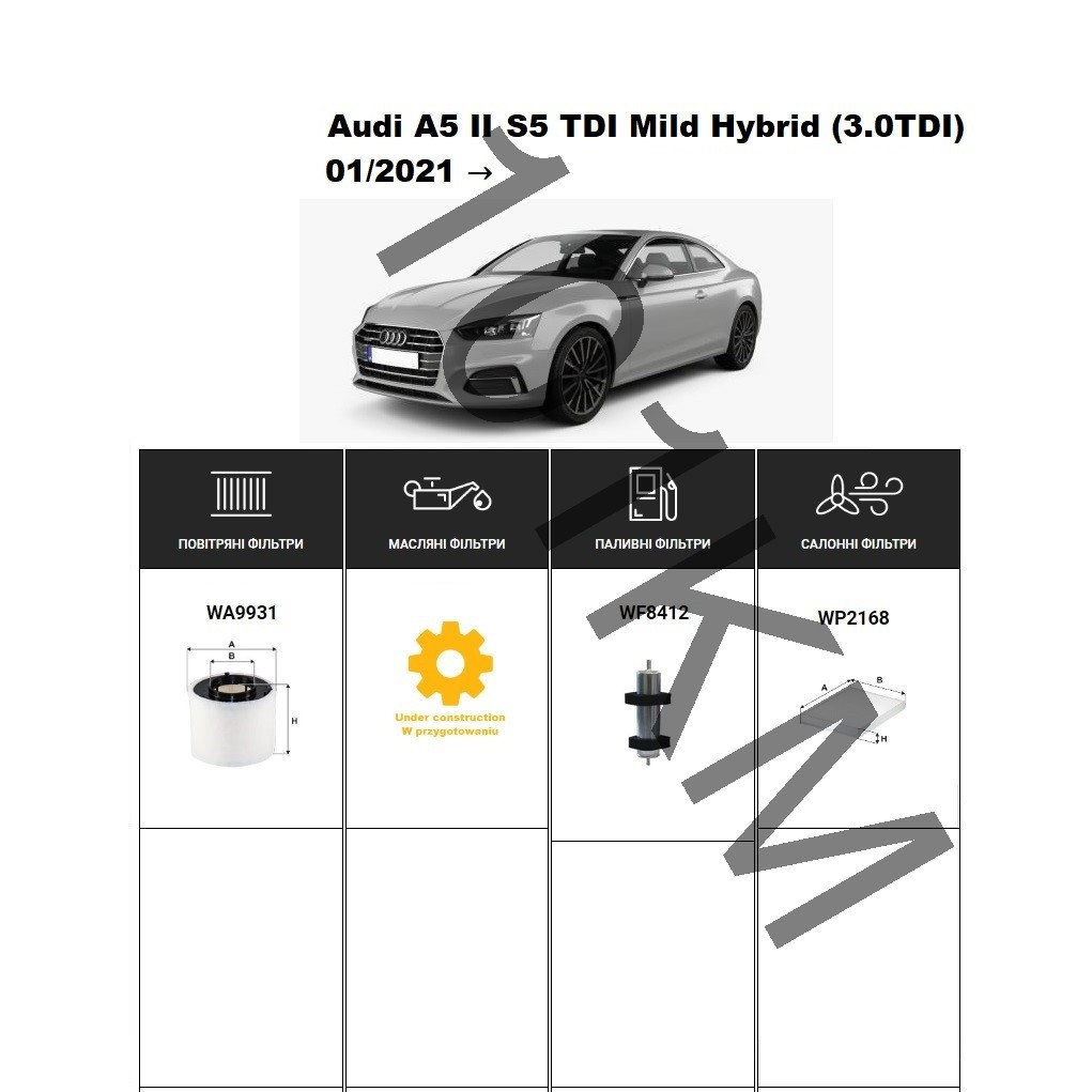 Комплект фільтрів Audi A5 II S5 TDI Mild Hybrid (3.0TDI) (2021-) WIX