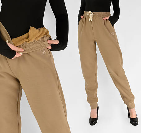 Жіночі зимові штани з полірованого велюру Штани на хутрі під манжет M-2XL Бежевий колір, фото 1