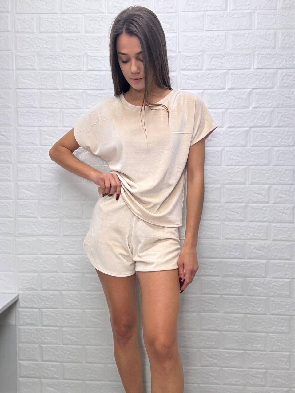 Велюровий комплект футболка шорти, бежевий колір, розмір S-XL, фото 1