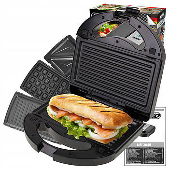 Мультимейкер 3в1 Mesko MS 3045 – Бутербродниця, Вафельниця, Гриль,1000 Вт, Змінні антипригарні панелі