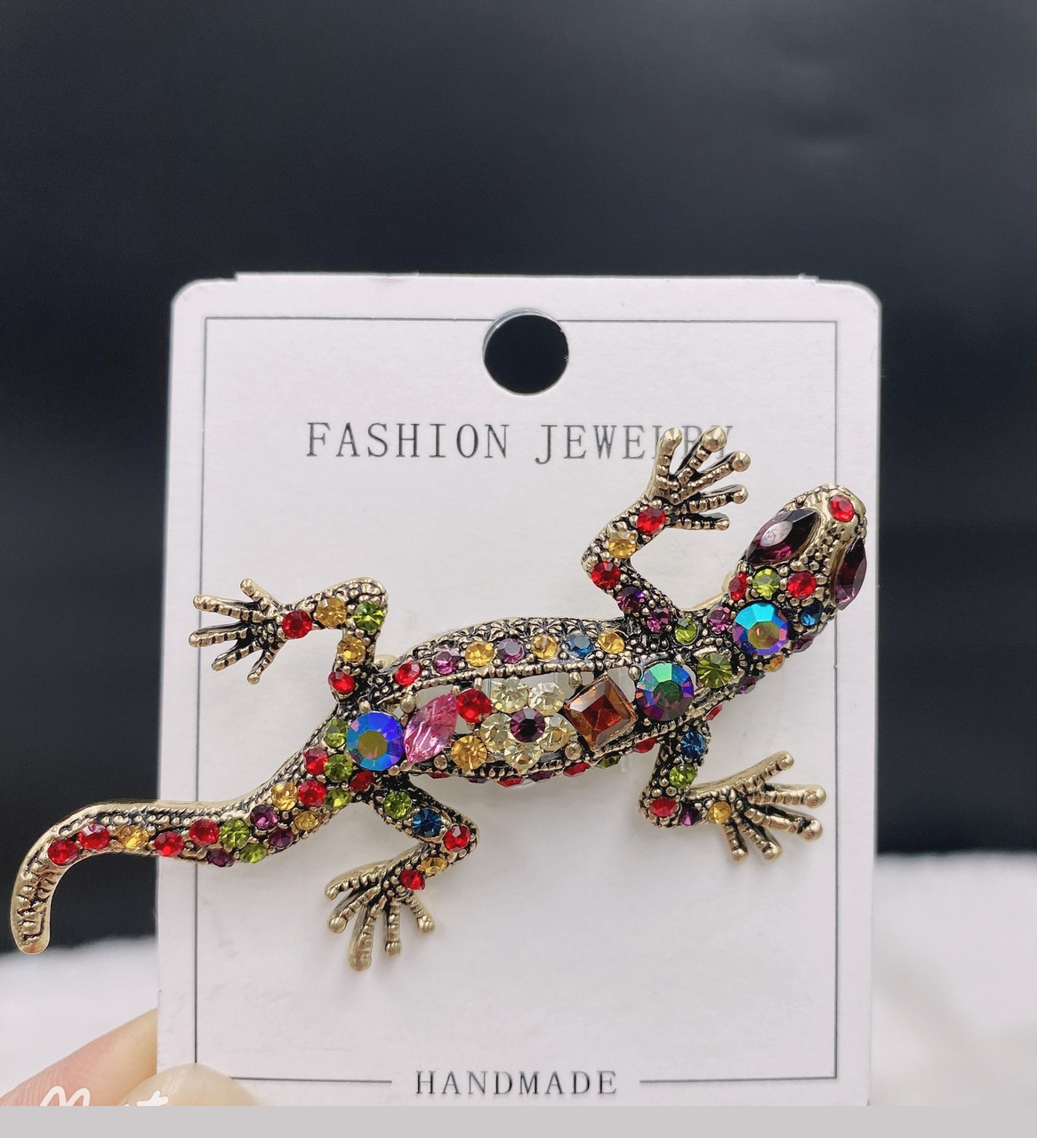 Брошка "Ящірка в кольорових стразах, саламандра" 6х3,5 см. елегантна брошка для костюма, шпилька гекон, фото 1