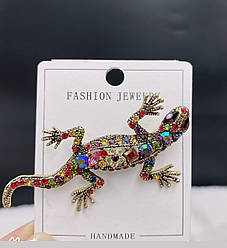 Брошка "Ящірка в кольорових стразах, саламандра" 6х3,5 см. елегантна брошка для костюма, шпилька гекон