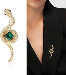 Брошка у формі золотої змійки зеленим каменем, зі сплаву, шпильки у формі маленьких тварин