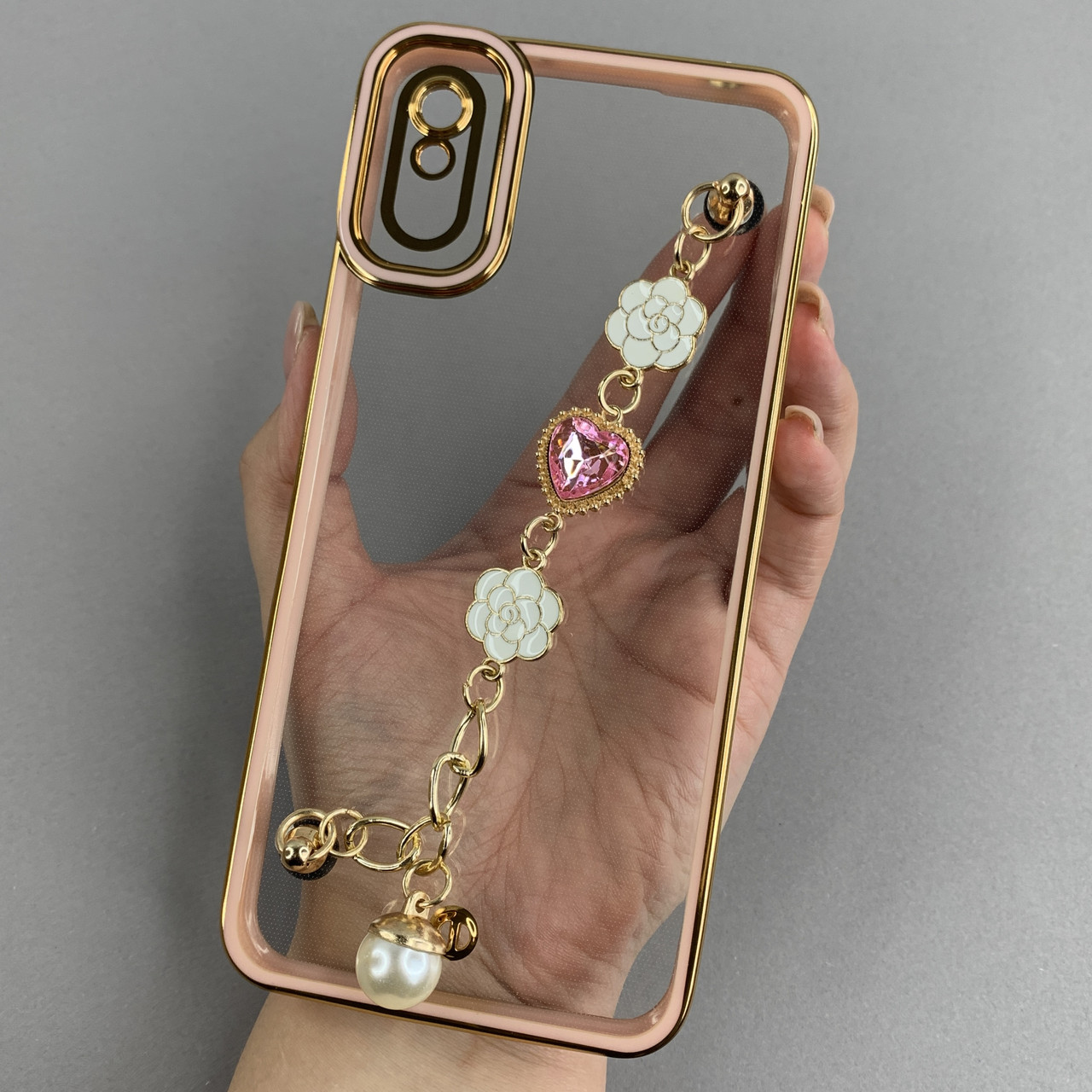 Чохол для Xiaomi Redmi 9A прозорий чохол з ланцюжком на телефон сяомі редмі 9а пудровий l0o