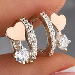 Срібні сережки-кільця (конго) з золотими накладками з фіанітами з сердечками (1,1 см) РН-666