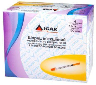 Інсуліновий Шприц 1 мл U-100 з інтегрованою голкою IGAR 30G (0.3*13мм) (100шт)