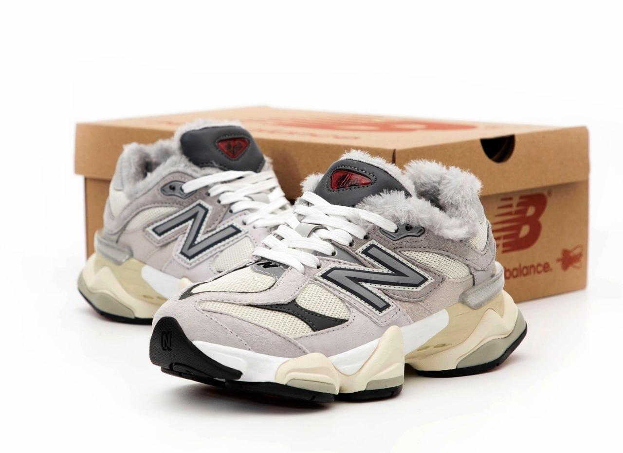 Жіночі зимові кросівки New Balance 9060 Winter Beige Grey (Сірі) Нью Баланс 9060 натуральна замша з хутром зима