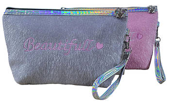 Жіноча косметичка пухнаста Beautiful на блискавці з петелькою в трьох кольорах Luna