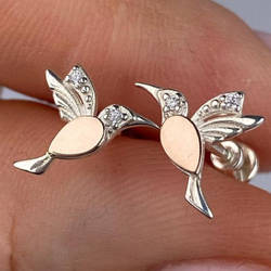 Срібні сережки-пусети з золотими накладками з фіанітами в формі птахів РН-009