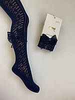 Колготи з сітчастим бантиком, темно-синій, Розмір 9-10 років ( на зріст 122 - 132 см)