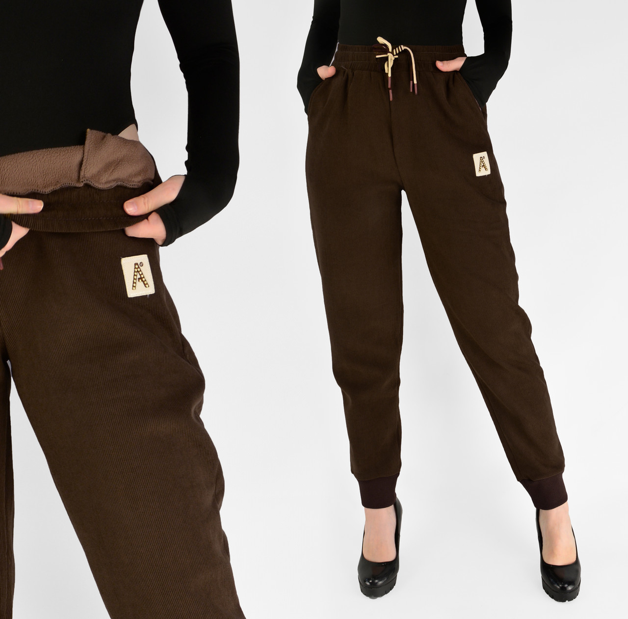 Жіночі зимові штани в рубчик (вельвет) Штани на хутрі під манжет M-2XL Темно-коричневий колір