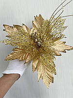 Новорічна прикраса — пуансеттія. Різдвяна квітка пуансеттії золота (25 см), фото 3