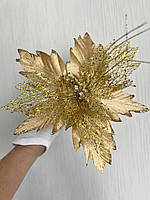Новорічна прикраса — пуансеттія. Різдвяна квітка пуансеттії золота (25 см), фото 2