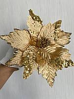 Новорічна прикраса — пуансеттія. Різдвяна квітка пуансеттії золота (22 см), фото 4