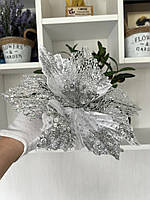 Новорічна прикраса — пуансеттія. Різдвяна квітка пуансеттії ( срібло 25 см), фото 8