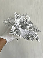 Новорічна прикраса — пуансеттія. Різдвяна квітка пуансеттії ( срібло 25 см), фото 10