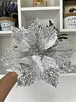 Новорічна прикраса — пуансеттія. Різдвяна квітка пуансеттії ( срібло 25 см), фото 9