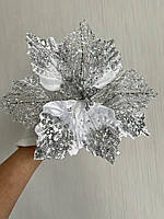 Новорічна прикраса — пуансеттія. Різдвяна квітка пуансеттії ( срібло 25 см), фото 2