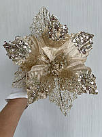 Різдвяна квітка-пуансеттія. Новорічна прикраса — пуансеттія ( шампань 25 см), фото 6