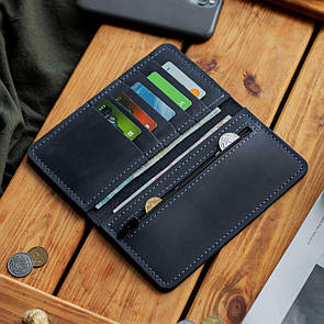 Шкіряне портмоне з монетницею на блискавці з натуральної шкіри VIAR Blue у темно-синьому кольорі.