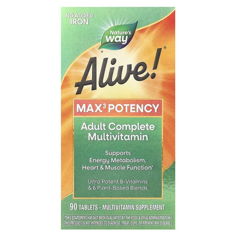 Мультивітаміни для чоловіків і жінок Nature's Way "Alive! Max3 Daily Multi-Vitamin" без заліза (90 таблеток), фото 1